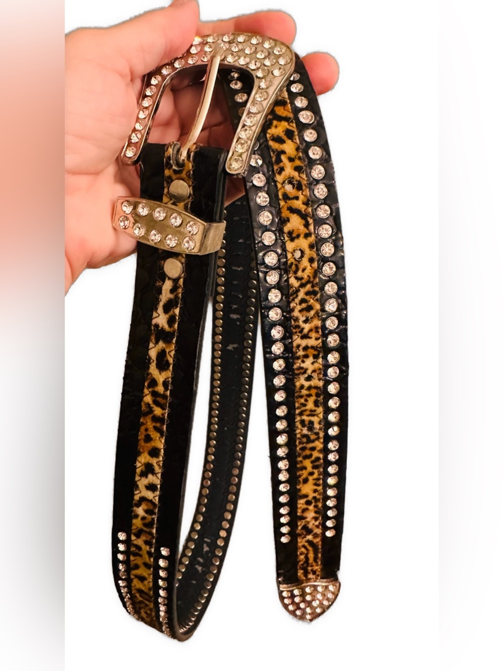 Leopard Print Crystal Stuffed Embossed Leather Women's Belt - Black & Tan